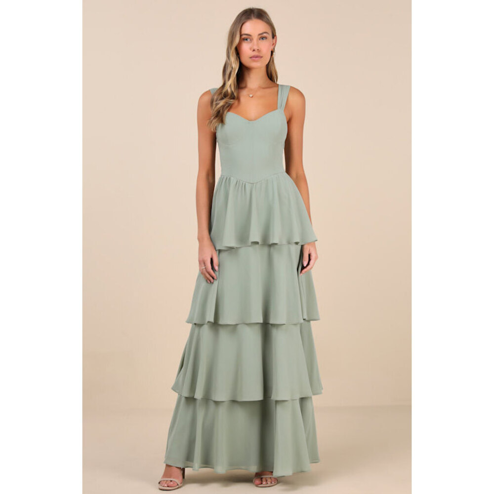Lulus Carlynda Sage Brush Tiered Bustier Maxi Dress Green - Size S